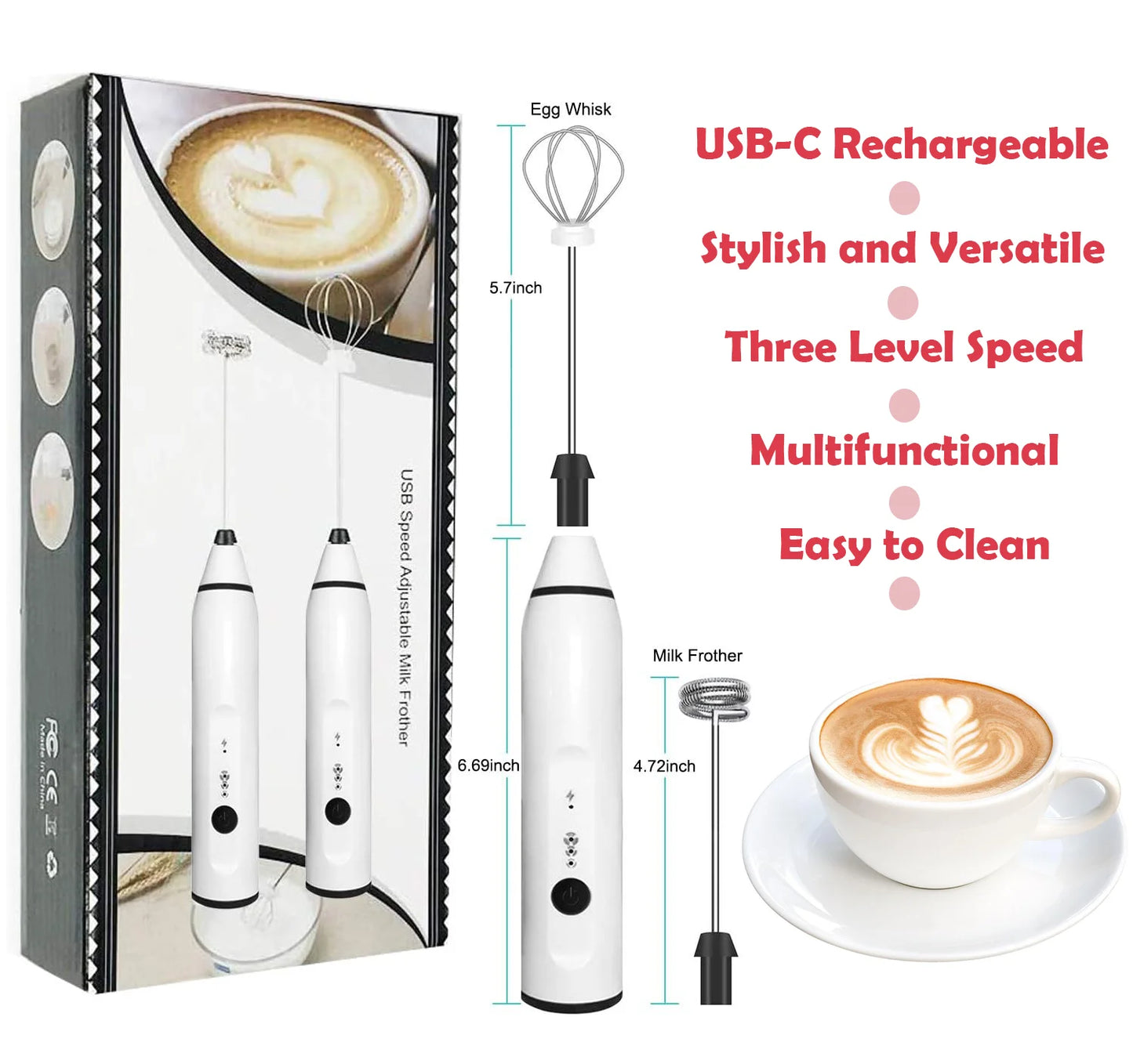 Multi-Speed Adjustable USB Rechargeable Handheld Mute Milk Frother, Silent Mini Foamer with Art Stencils Coffee Drink Mixing