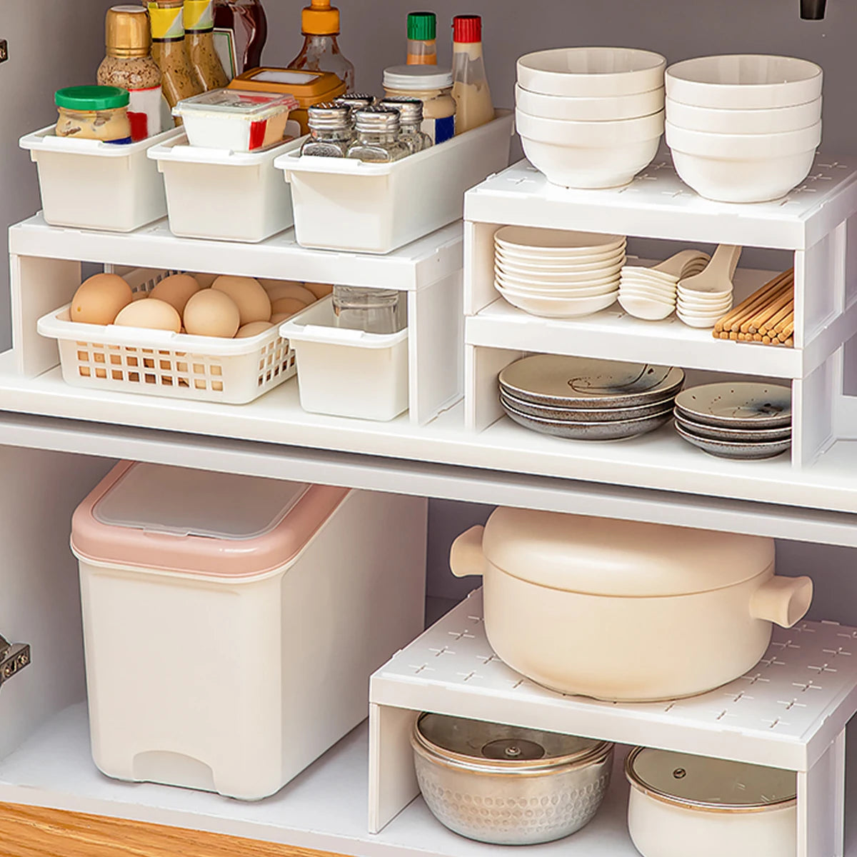 Kitchen Cabinet Organizer Multifunctional Stackable Refrigerator Plastic Storage Rack Dishes Cup Holder Space-Saving Shelf