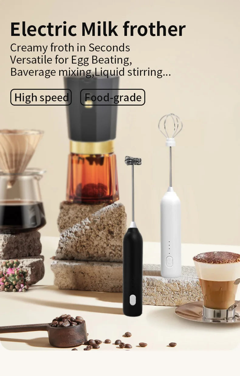 HOT  Electric Milk Frother + Egg Beater Wireless Type-C Charging 3 Speeds Mini Handheld Foam Maker Coffee Whisk Cooking Tools