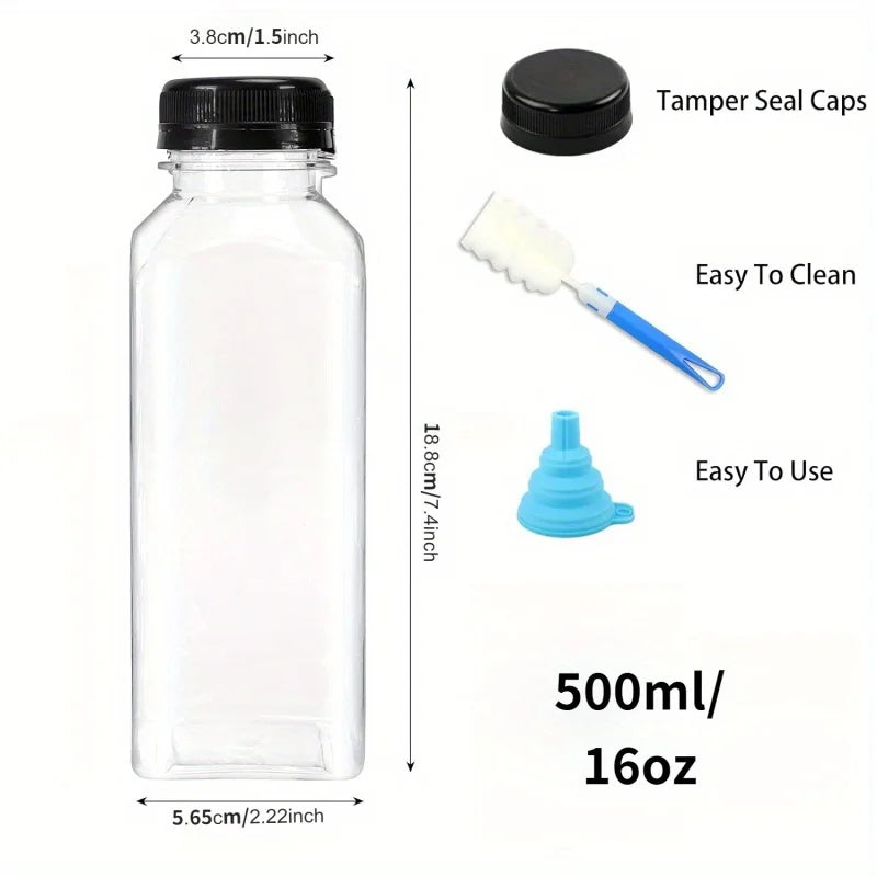 16oz Leak-Proof Reusable Plastic Juice Bottles with Tamper-Resistant Black Lids - Perfect for Smoothies, Drinks Tea Dispensing