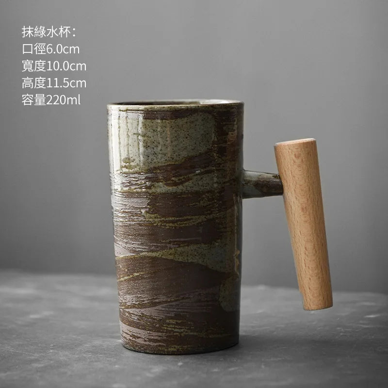 Handcrafted coarse pottery coffee cup hand flush vintage kilns wooden handle mug personality couple cup household water cup