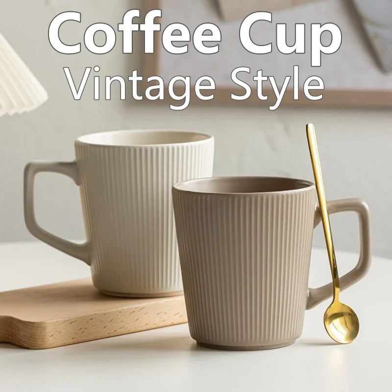 Coffee Cup Vintage Style Striped with Handle Simple Ceramic High Capacity Milk Breakfast Mug for Household Office Water Cup