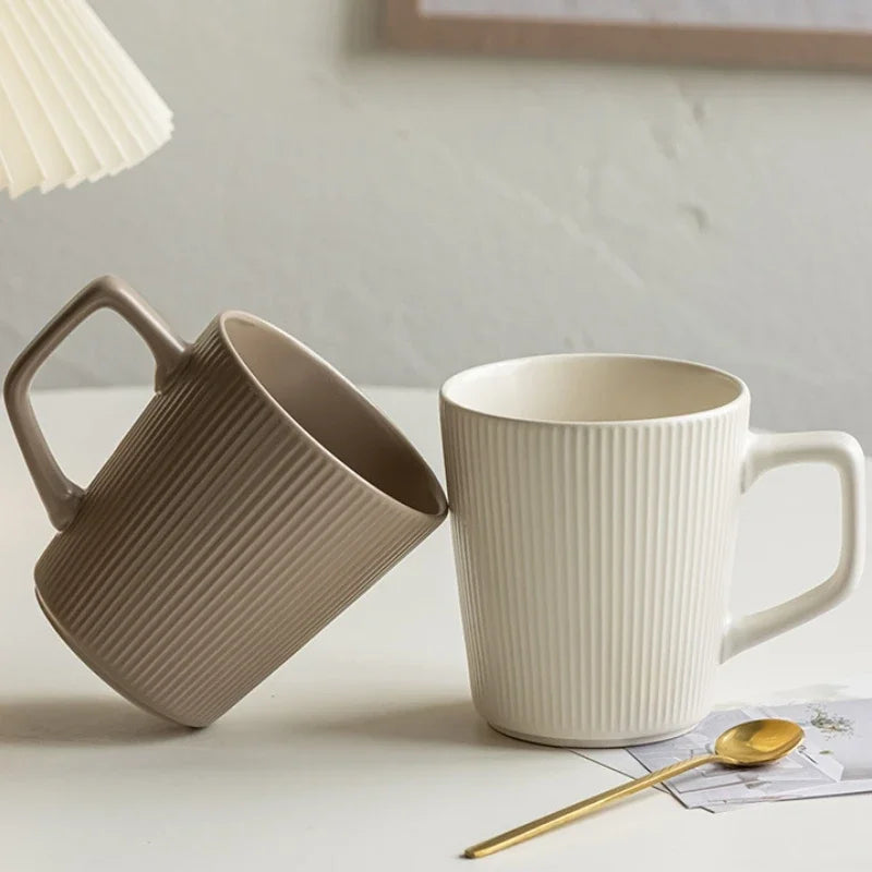 Coffee Cup Vintage Style Striped with Handle Simple Ceramic High Capacity Milk Breakfast Mug for Household Office Water Cup