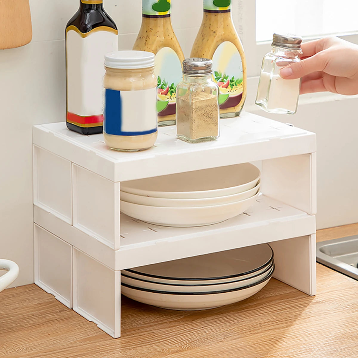 Kitchen Cabinet Organizer Multifunctional Stackable Refrigerator Plastic Storage Rack Dishes Cup Holder Space-Saving Shelf