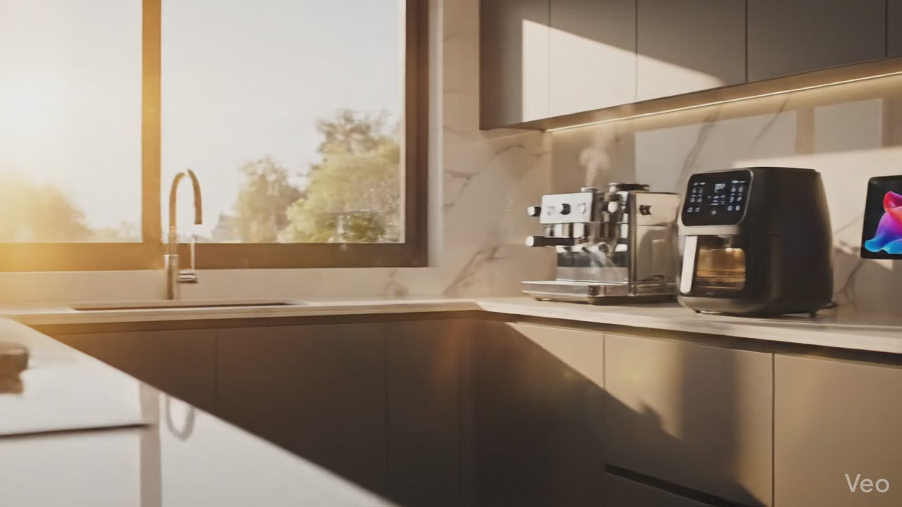 تحميل الفيديو: مطبخ NF الذكي يعرض مقلاة هوائية حديثة وآلة قهوة على سطح من الرخام مع جهاز لوحي رقمي